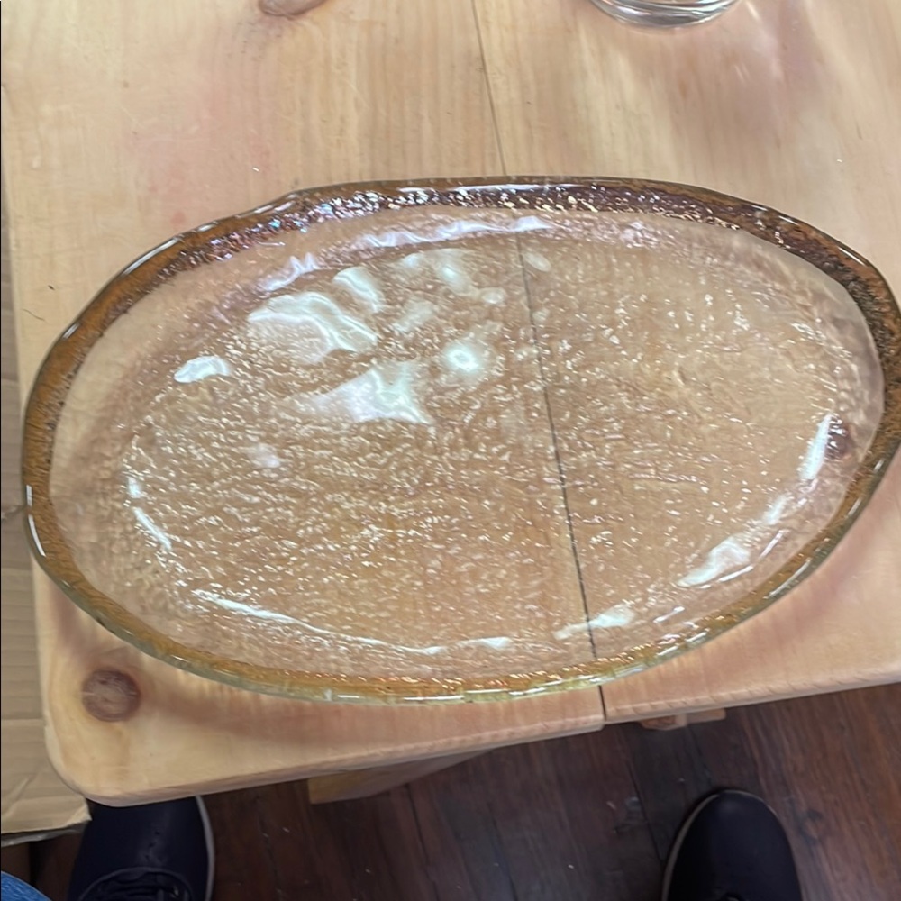 Vintage IVV Glacier Ice Italian Art Glass Oval Platter With Gold Trim